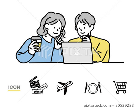 Illustrations of friends and couples using online services: shopping, dining, traveling, tickets, cashless 80529288