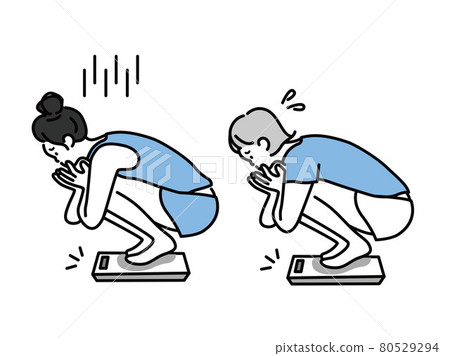 Illustration of a woman on a diet (fat, body shape maintenance, scale, weight gain, overeating, health care, eating habits) Illustration of a woman on a diet (fat, body shape maintenance, scale, weight gain, overeating, health care, eating habits) 80529294