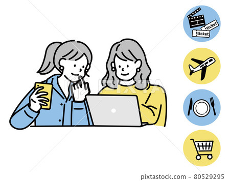 Illustrations of friends and couples using online services: shopping, dining, traveling, tickets, cashless Illustrations of friends and couples using online services: shopping, dining, traveling, tickets, cashless 80529295