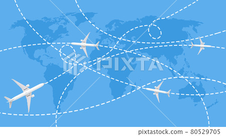 Trajectories of passenger aircraft on the blue world map 80529705