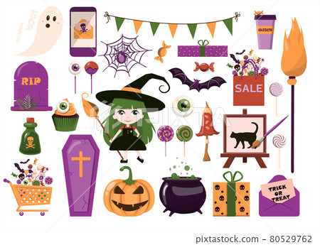 A big vector set for Halloween. Flat design. Cartoon template for invitations, advertisements, posters, banners, party, postcards. Bright cute pictures for All Saints Day on October 31 80529762
