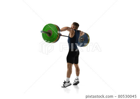 Full length portrait of a man in sportswear exercising with a weight isolated on white background Full length portrait of a man in sportswear exercising with a weight isolated on white background 80530045