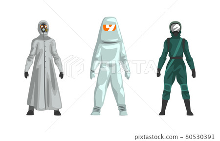 Man in Hazmat Suit as Personal Protective Equipment with Impermeable Garment Vector Set Man in Hazmat Suit as Personal Protective Equipment with Impermeable Garment Vector Set 80530391
