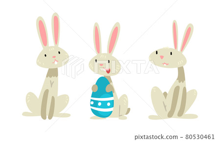 Funny Easter Bunny with Long Ears and Grey Coat with Decorated Egg Vector Set Funny Easter Bunny with Long Ears and Grey Coat with Decorated Egg Vector Set 80530461