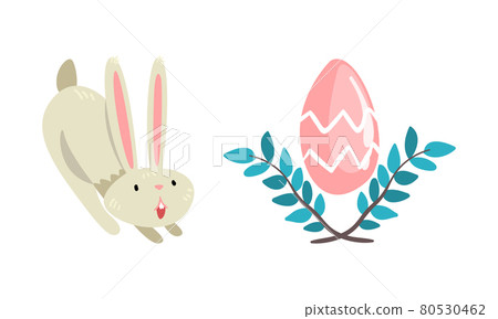 Funny Easter Bunny with Long Ears and Grey Coat with Decorated Egg Vector Set Funny Easter Bunny with Long Ears and Grey Coat with Decorated Egg Vector Set 80530462
