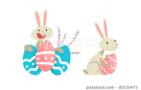 Funny Easter Bunny with Long Ears and Grey Coat with Decorated Eggs Vector Set Funny Easter Bunny with Long Ears and Grey Coat with Decorated Eggs Vector Set 80530473