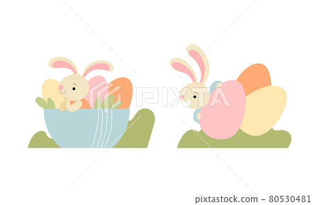 Cute Easter Bunny with Long Ears Sitting in Bowl with Eggs Vector Set 80530481