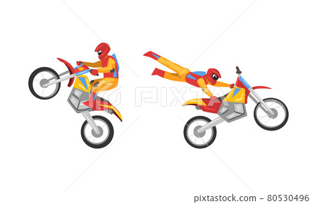 Freestyle Motocross with Motorcycle Rider Performing Jumps and Stunt Vector Set Freestyle Motocross with Motorcycle Rider Performing Jumps and Stunt Vector Set 80530496