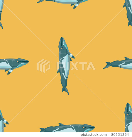 Seamless pattern lesser rorqual on yellow background. Template of cartoon character of ocean for fabric. 80531264