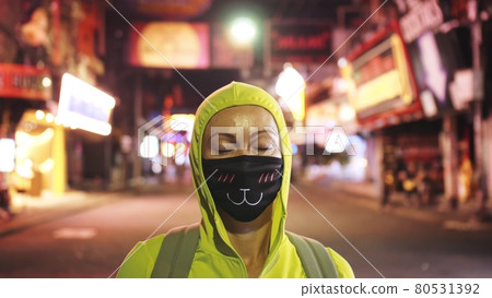 Woman close up look caucasian at Pattaya Walking Street with wearing protective medical mask. Lockdown quarantine isolation. Coronavirus covid-19. Woman close up look caucasian at Pattaya Walking Street with wearing protective medical mask. Lockdown quarantine isolation. Coronavirus covid-19. 80531392
