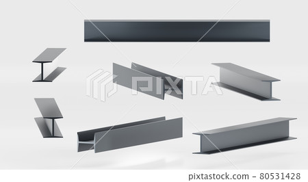 Metal construction i-beams, universal column or iron structural profile. Realistic set of steel structure girder, strong stainless joist for building work isolated on white background, 3d illustration 80531428
