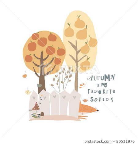 Cartoon Colorful Autumn Trees with Little Fox 80531976
