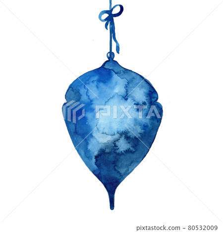 Watercolor abstract christmas ball in blue color. Decoration element for pine tree, greeting card, winter background. New Year holiday circle toy. Art hand painted pattern isolated on white Watercolor abstract christmas ball in blue color. Decoration element for pine tree, greeting card, winter background. New Year holiday circle toy. Art hand painted pattern isolated on white 80532009