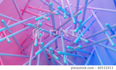 Scientific or technology abstractions with canes, sticks or rods flying in surreal symmetric structure. Abstract background with purple and blue neon tech structure. 3D illustration. Scientific or technology abstractions with canes, sticks or rods flying in surreal symmetric structure. Abstract background with purple and blue neon tech structure. 3D illustration. 80532913
