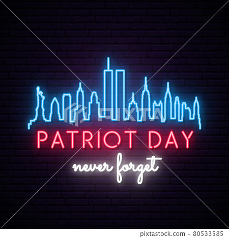 New York City Skyline with Twin Towers in neon style. 80533585