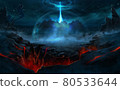 Game background. Portal on the island at night. Digital graphics. 80533644