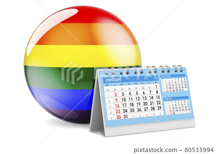 Desk calendar with LGBTQ rainbow flag, 3D rendering Desk calendar with LGBTQ rainbow flag, 3D rendering 80533994