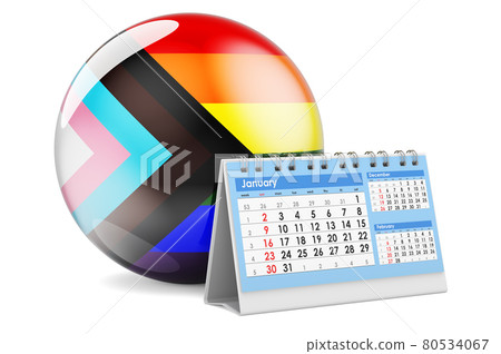 Desk calendar with modern pride flag LGBTQ. 3D rendering Desk calendar with modern pride flag LGBTQ. 3D rendering 80534067