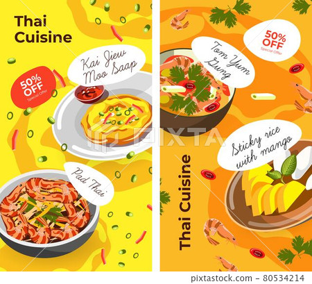 Thai cuisine, menu with exotic dishes and names Thai cuisine, menu with exotic dishes and names 80534214