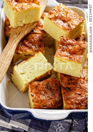 potato kugel, casserole of grated potato, top view potato kugel, casserole of grated potato, top view 80534497