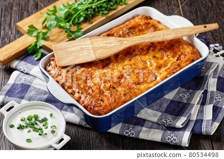 potato kugel, casserole of grated potato, top view potato kugel, casserole of grated potato, top view 80534498