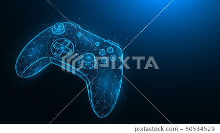 Joystick for video games low poly design. Polygonal illustration of a gaming joystick on a dark blue background. A futuristic banner or template for a video game tournament. Joystick for video games low poly design. Polygonal illustration of a gaming joystick on a dark blue background. A futuristic banner or template for a video game tournament. 80534529