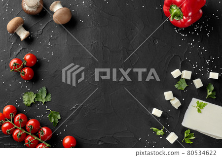 Food background with mozzarella, mushrooms, tomatoes and bell pepper 80534622