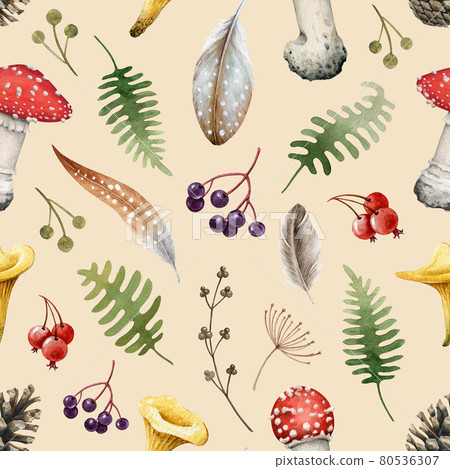 Wild forest herbs, mushroom seamless pattern. Watercolor image. Hand drawn wild fly agaric mushroom, herbs, fern, berries, cone. Pastel background. Seamless pattern for fabric, paper, tixtile print. 80536307