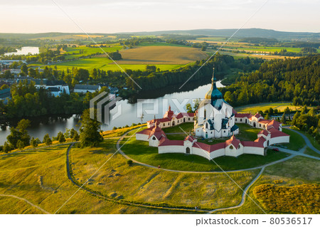 Aerial view of Pilgrimage Church of Saint John of Nepomuk on the Green Hill at sunset. 80536517