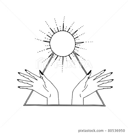 Vintage Mystic Sun and female hands inside triangle boho style drawing Vintage Mystic Sun and female hands inside triangle boho style drawing 80536950