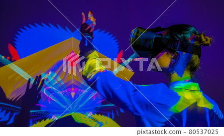 Large screen augmented reality experience - woman using VR headset, waving hands Large screen augmented reality experience - woman using VR headset, waving hands 80537025