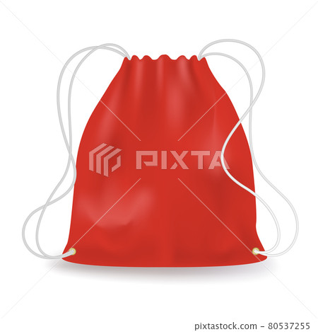 Red bag with white drawstring isolated on white background. Sack in realistic style. Vector Illustration. Red bag with white drawstring isolated on white background. Sack in realistic style. Vector Illustration. 80537255