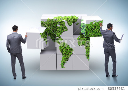 Businessman building world map from cubes Businessman building world map from cubes 80537681