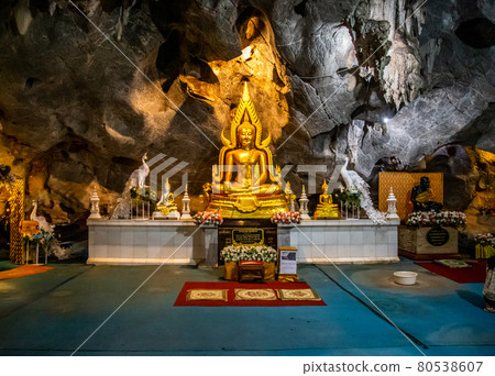 Wat tham Pu Wa temple in the cave in Kanchanaburi, Thailand 80538607