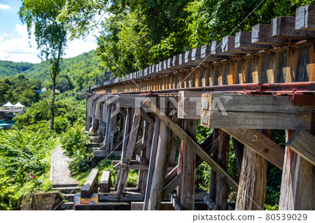 Death Railway bridge, Siam Burma Railway, in Kanchanaburi, Thailand 80539029
