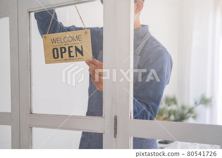 Young business owner wear face mask and opening sign. 80541726