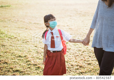 mother and her daughter walking together and wear face mask mother and her daughter walking together and wear face mask 80542387
