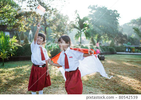 indonesian school student holding flag during independence day. indonesian school student holding flag during independence day. 80542539