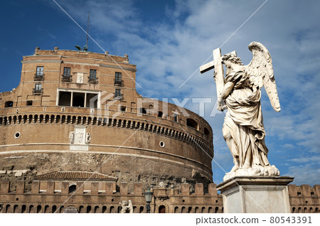 Statue of Angel with the Cross by sculptor Ercole Ferrata at Castel Sant'Angelo (Castle of the Holy Angel) or The Mausoleum of Hadrian in Rome, Italy Statue of Angel with the Cross by sculptor Ercole Ferrata at Castel Sant'Angelo (Castle of the Holy Angel) or The Mausoleum of Hadrian in Rome, Italy 80543391