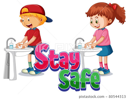 Stay Safe logo with two kids washing hands with soap isolated Stay Safe logo with two kids washing hands with soap isolated 80544313