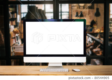 Computer Monitor, Keyboard, coffee cup smartphone, tablet, and Mouse with Blank or White Screen Isolated is on the work table in the cafe 80544905