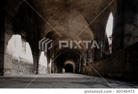 Vault aisle of a medieval church, gloomy, weathered, eerie and creepy. Vault aisle of a medieval church, gloomy, weathered, eerie and creepy. 80546473
