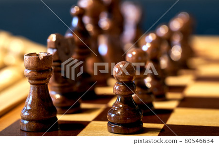 Black pieces on the chess board in the basic position at the beginning of a game, selective focus on the front rook and pawns. Black pieces on the chess board in the basic position at the beginning of a game, selective focus on the front rook and pawns. 80546634