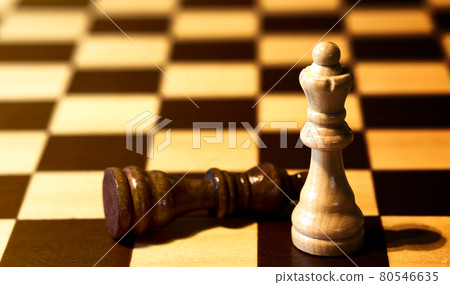 White queen stands on the chessboard in front of a defeated black king, selective focus 80546635