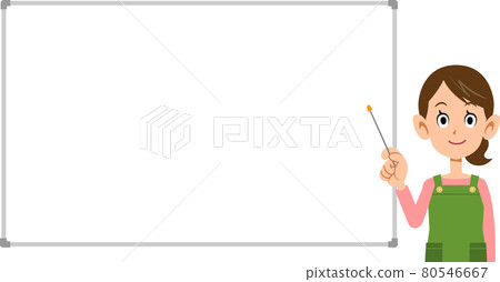 A woman with an apron explaining with a pointer and a simple whiteboard A woman with an apron explaining with a pointer and a simple whiteboard 80546667