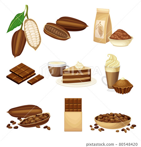 Chocolate with Roasted and Ground Cacao Seeds, Sweets and Pastry Vector Set 80548420