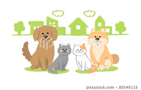 坐在城市背景中的貓狗(手繪色) 坐在城市背景中的貓狗(手繪色) 80549118