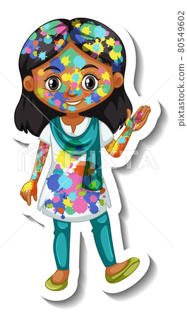 Happy girl with colour on her body sticker on white background 80549602