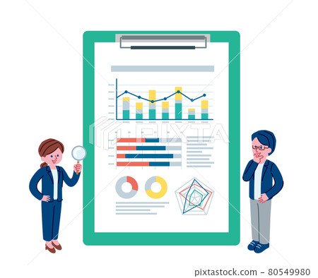Illustration of a binder and a business person with a graph Illustration of a binder and a business person with a graph 80549980