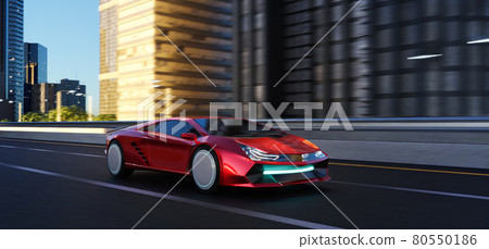 Unbrand red sport car driving fast on the high speed overpass road 80550186